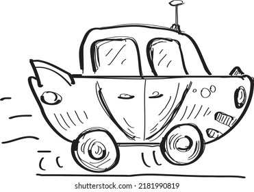 Funny, cartoon style car vehicle, which is hand drawn (doodle style) vector drawing.