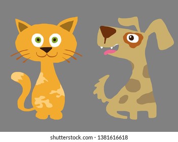 Funny cartoon style cat and happy dog isolated vector