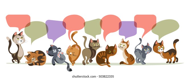 Funny cartoon style cats in a row and colorful comics speech bubbles composition on blank background vector illustration