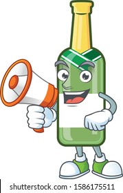 Funny cartoon style of champagne green bottle with megaphone