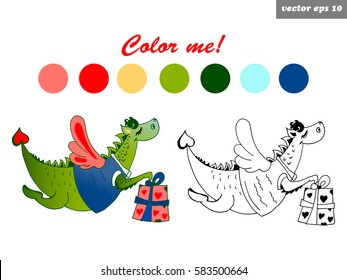 Funny cartoon style character of a dragon holding a gift box wrapped in a paper with hearts.Element for greeting and invitation card, logo, print, sticker, coloring book