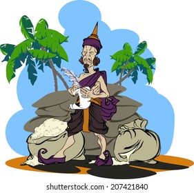 Funny cartoon style character representing Thai Tax official in traditional Thailand costume of Ayutthaya period. Vector Illustration.