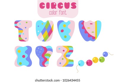 Funny cartoon style colorful uppercase vector alphabet. Font set with letters T, U, V, W, X, Y, Z and sling wire beads 
