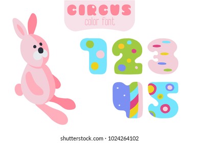 Funny cartoon style colorful vector numbers 1, 2, 3, 4, 5 set with pink rabbit toy