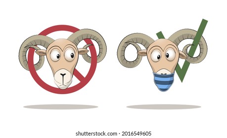 Funny cartoon style concept of asking to wear a suitable medical face mask to avoid the new coronavirus. Warning or warning sign. Vector illustration.