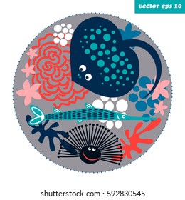 Funny cartoon style fish and corals in a circle shape background. element for your design, logo, print, sticker