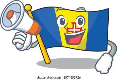 Funny cartoon style of flag madeira with megaphone