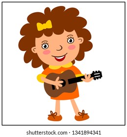 Funny cartoon style girl playing guitar isolated on white background.