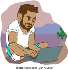 Funny cartoon style guy working with a laptop on the beach. EPS8 vector illustration.