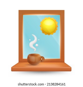 Funny cartoon style hot coffee or tea cup with white steam on window. Realistic sweet concept art. 3d vector illustration. Cute minimalistic design composition isolated on clean background.