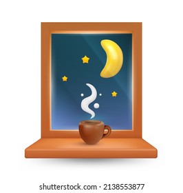 Funny cartoon style hot coffee or tea cup with white steam on window. Realistic sweet concept art. 3d vector illustration. Cute minimalistic design composition isolated on clean background.