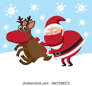Funny cartoon style illustration of Santa Claus and reindeer wearing face masks