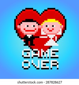 Funny cartoon style married couple with heart and game over text banner