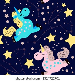 Funny cartoon style seamless pattern with pink and blue unicorns on dark background.  Cute children character for textile and fabric print, kids room decoration, preschool educational book.