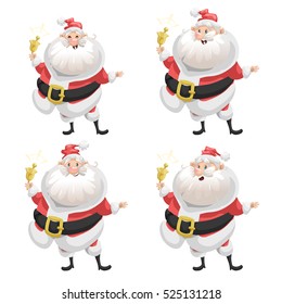 Funny cartoon style set of smiling Santa Claus with ring bell character icon.  Christmas seasonal vector. Simple gradient artwork.