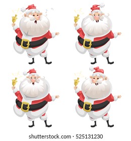 Funny cartoon style set of smiling Santa Claus with ring bell character icon.  Christmas seasonal vector. Simple gradient artwork.