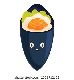 Funny cartoon style smiling temaki hand roll sushi with salmon, rice and wasabi