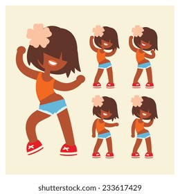 funny cartoon style, sporty dancing beautiful smiling teenager girl character with pink color flower on her brown color short hairstyle. Without outline, cartoon flat vector illustration set. 