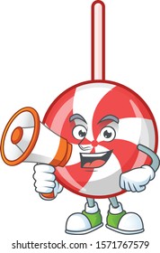 Funny cartoon style of striped peppermint candy with megaphone