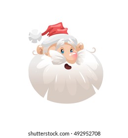 Funny cartoon style surprised santa in hat head  icon. Emotion illustration. Christmas seasonal vector. Simple gradient artwork.