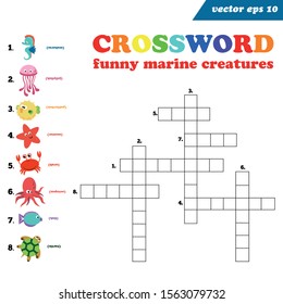 Funny cartoon style underwater creatures crossword. Printable version for children. Leisure and educational game. Preschool studying materials, learning language concept. Word puzzle worksheet.