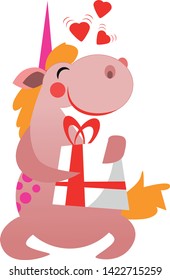 Funny cartoon style unicorn with present box