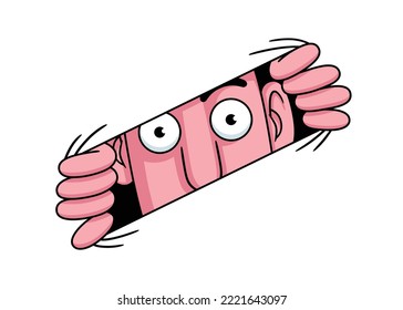 Funny cartoon style vector illustration person's face who is looking through an elastic opening  which he has opened and his hands  an isolated white background 