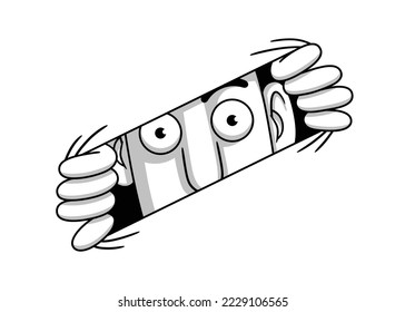 Funny cartoon style vector illustration, in grayscale, of a person's face who is looking through an elastic opening, which he has opened with his hands, on an isolated white background.