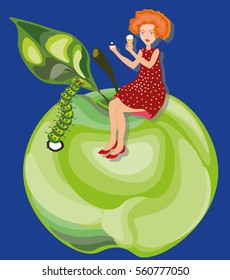 Funny cartoon style vector illustration with a cute little girl sitting on a big green apple and eating ice cream and offering a chocolate to a green caterpillar living inside the apple