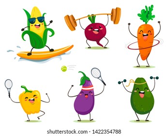 Funny cartoon style vegetables do sports. Vector isolates