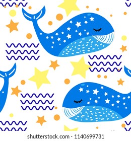 Funny cartoon style whale seamless pattern. Decorative element for textile and fabric print, background, poster, backdrop, mobile telephone cover, wallpaper, wrapping paper.