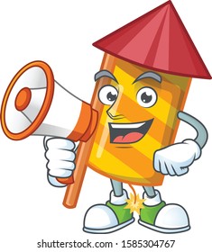 Funny cartoon style of yellow stripes fireworks rocket with megaphone
