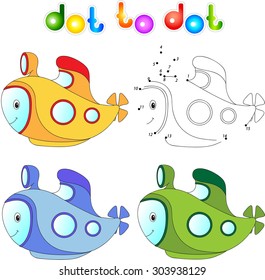 Funny cartoon submarine. Connect dots and get image. Educational game for kids. Vector illustration