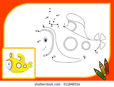 Funny cartoon submarine. Connect dots and get image. Educational game for kids. Vector illustration