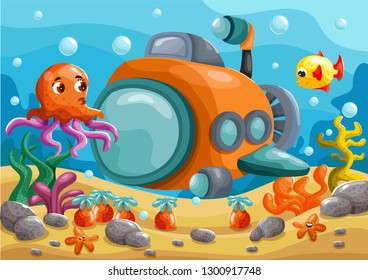 funny cartoon Submarine under the sea. Underwater landscape with jellyfish, fish and seaweed.