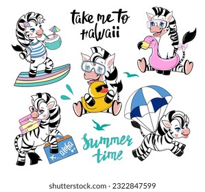 Funny cartoon summer set with zebra. Vector illustration for kids. Design for t-shirt. Travel concept