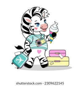Funny cartoon summer travel zebra with suitcases on a white background. Vector illustration for kids. Design for t-shirt