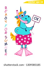 Funny cartoon summer unicorn with snorkel mask and fins and in swimshorts holding the sign OK. Vector colored illustration. Good for kids book design, sticker, dive center decoration, fabric print.