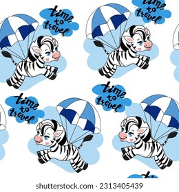 Funny cartoon summer zebra by parachute seamless pattern. Vector illustration for kids. Design for t-shirt