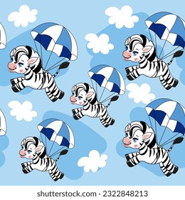 Funny cartoon summer zebra by parachute seamless pattern on a blue background. Vector illustration for kids. Design for t-shirt