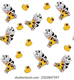 Funny cartoon summer zebra with duck seamless pattern. Vector illustration for kids. Design for t-shirt