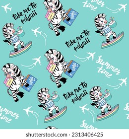 Funny cartoon summer zebra seamless pattern on a blue background. Vector illustration for kids. Design for t-shirt