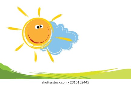 Funny cartoon sun with a cloud over a green field.