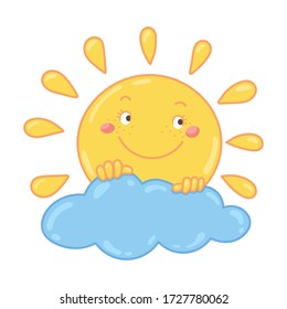 Funny cartoon sun and cloud, vector illustration, kids print design