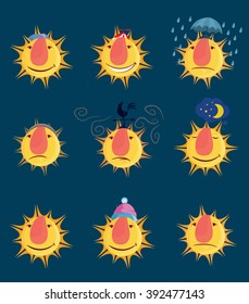 Funny cartoon sun with different emotions