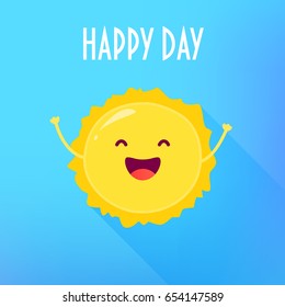 Funny cartoon sun raises hands up and smiles. Happy Day card. Flat style. Vector illustration.