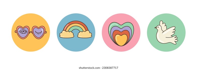 Funny cartoon sunglasses, heart, rainbow, peace icons. Isolated  cartoon vector illustration. Sticker pack in trendy retro psychedelic style. Groovy hippie 70s set. 
