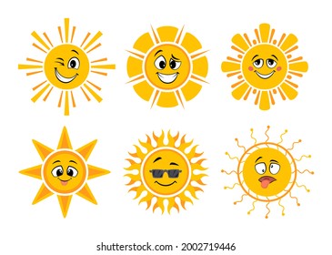 Funny cartoon suns. Yellow smiles, sun icons with emotions. Summer faces hot cute vector symbols