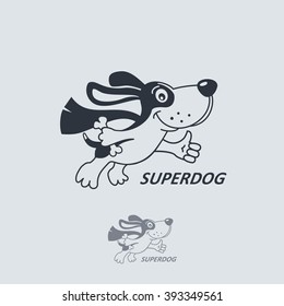 Funny cartoon super dog with bone in one paw and thumb up. Vector logo.