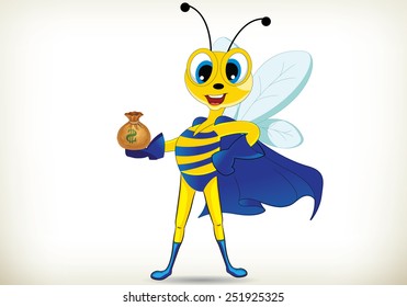 Funny cartoon super hero bee holding money bag